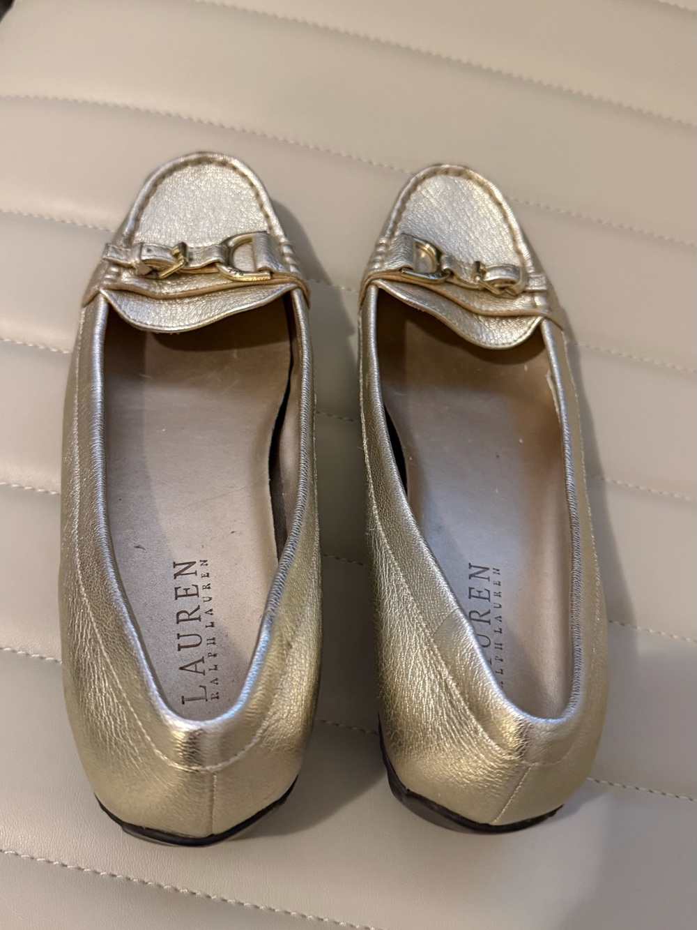 Lauren Ralph Lauren Gold Metallic Leather Loafers with Horsebit Accent